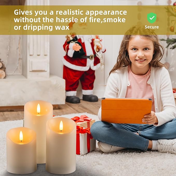 Flameless Candles Battery Operated Pillar Real Wax Electric LED Flashing Candle Sets with Remote Control Cycling 24 Hours Timer, 4" 5" 6" Pack of 3 (Ivory)