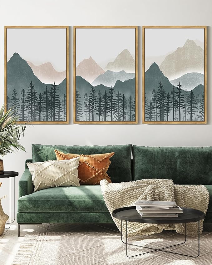 KUVIOKE Mountain Landscape Framed Wall Art Boho Nature Forest Paints Rustic Farmhouse Decor for Bedroom Dining Room Living Room 16x24in (Natural Framed)