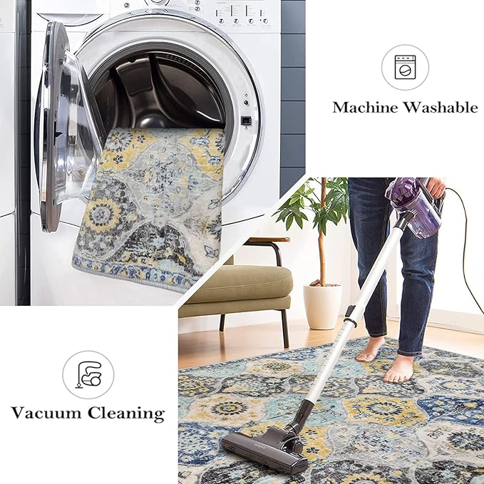 Lahome Moroccan Trellis Washable Small Area Rug, 3x5 Area Rug for Bedroom Living Room, Non-Slip Oriental Accent Throw Carpet for Kitchen Office Entryway Bathroom Office, Yellow/Aqua