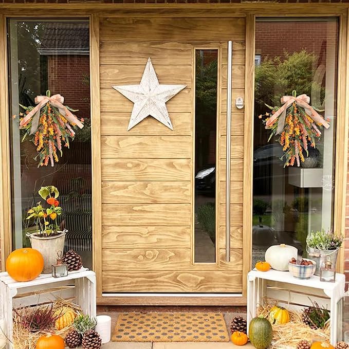 Set of 2 PCS Fall Swags with Artificial Flowers Berries for Front Door, Autumn Fall Teardrop for Indoor Outdoor, Harvest Thanksgiving Teardrops for Mailbox