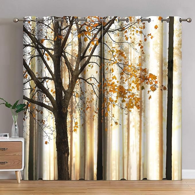 Jekeno Fall Tree Blackout Curtains Autumn Yellow Orange Maple Tree Fallen Leaf Brown Branch Wood Silky Satin Room Decor Grommet Window Drapes for Bedroom Living Room 2 Panel Set, 52"x63"