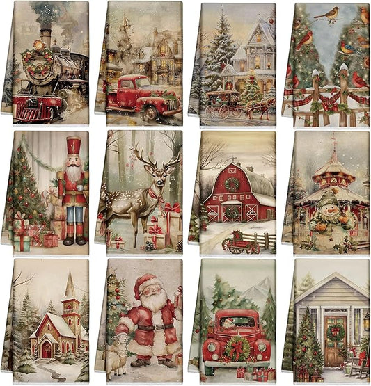 12 Pcs Christmas Kitchen Towels and Dishcloths Absorbent Christmas Tree Reindeer Truck Hand Dish Towels Decoration for Xmas Home Gift Supplies, 14.2 x 21.3 Inch(Vintage Style)