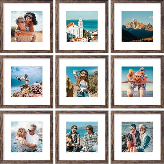 Vittanly 12x12 Picture Frames Set of 9, Shatter Resistant Plexiglass, Display 8x8 Pictures with Mat or 12x12 without Mat, Photo Frames for Wall Mount, Engineered Wood, Brown