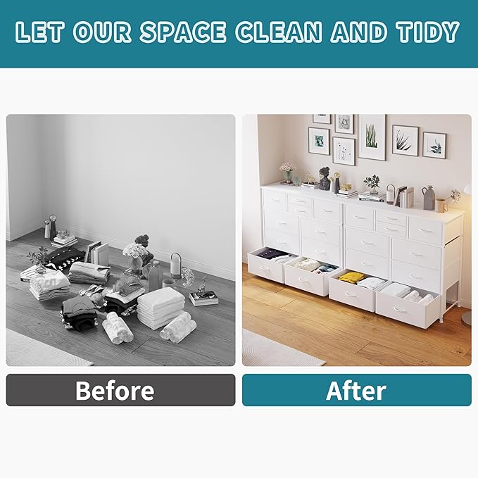 LUMTOK 10-Drawer Dresser, Fabric Storage Dressers Drawers for Bedroom, Hallway, Nursery, Closets, Steel Frame, Wood Top, Easy Pull Handle (White)