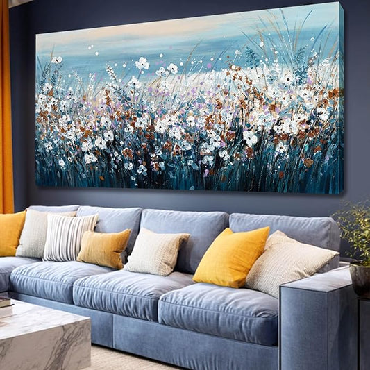 Blue Pictures Wall Decor Ocean Landscape Framed Wall Prints for Living Room Floral Wall Art Office Posters for Room Decor 29x58 Inch Hotel Art