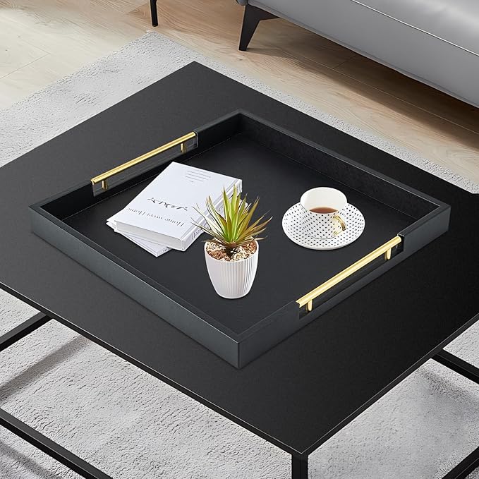 Black Square Serving Tray with Gold Handles for Party,Large Wood Decorative Tray for Ottoman,Faux Leather Coffee Table Tray Decor