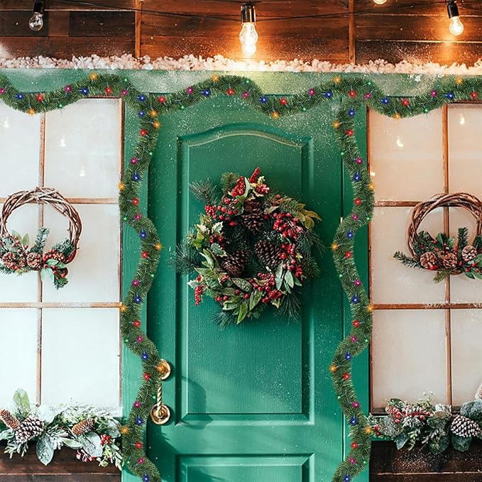 Biswing 15 FT Pre-lit Christmas Green Garland, Lighted Artificial Pine Garlands with 35 Count Multicolor Lights, Connectable & Light Up for Indoor Outdoor Gate Home Winter Holiday New Year Decor