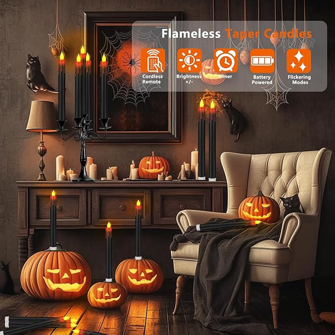 Flameless Taper Candles 10.6" Dripless Battery Operated Taper Candles Included Remote Timer 400+ Hours by 2AA Batteries for Halloween Christmas Wedding (Black+Burgundy, 6 Pack)