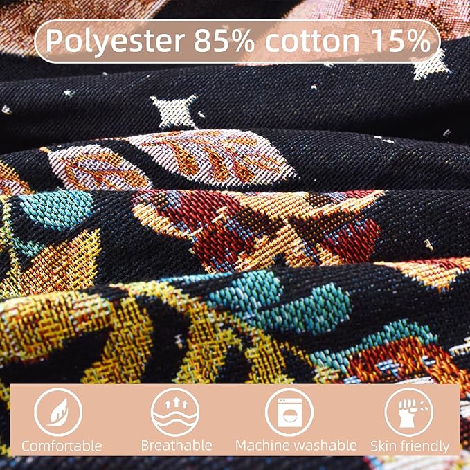 Boho Throw Blanket Reversible Cotton Bohemian Tapestry Hippie Room Decor Double Sided (Lunar Eclipse Black 50"x60")