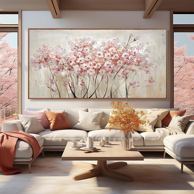 YJYart Landscape Wall Art Floral Wall Pictures Pink and White Canvas Wall Artwork 36"x70" Wall Prints for Living Room Office Wall Decor