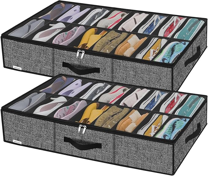 Onlyeasy Sturdy Under Bed Shoe Storage Solution Organizer For Closet Fit 16x2 Pairs, Underbed Shoes Container Bags with Reinforced Handles, Breathable, Linen-like Black, MXAUBS16P2