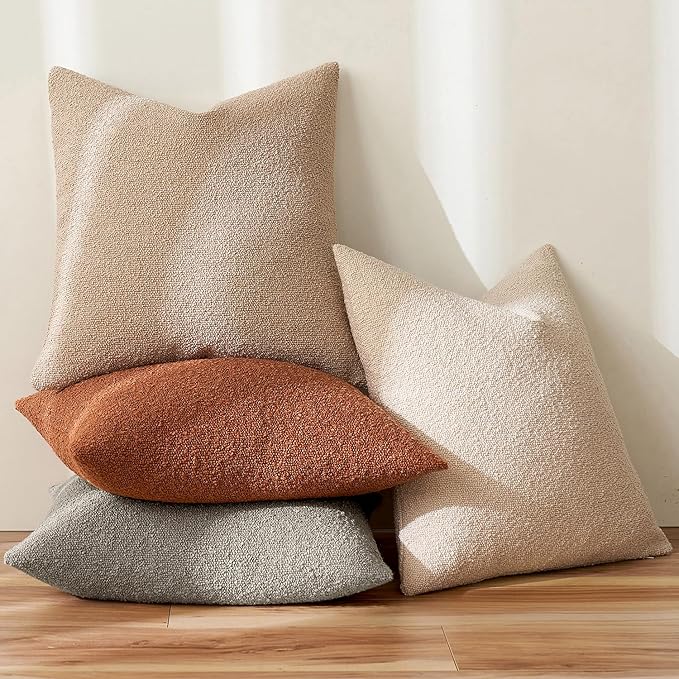 MIULEE Fall 18x18 Inch Decorative Pillow Covers for Couch Bed Set of 2 Textured Boucle Neutral Throw Pillows Rust Accent Solid Cushion Pillowcase Cozy Soft Sofa Livingroom Home Decor