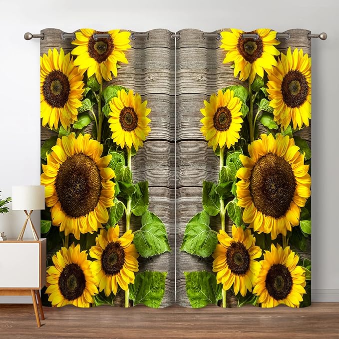 Jekeno Sunflower Floral Blackout Curtains Spring Flower on Rustic Wood Country Wooden Decor for Home Bedroom Living Room Darkening Grommet Window Drapes 2 Panel Set, 52"x84"
