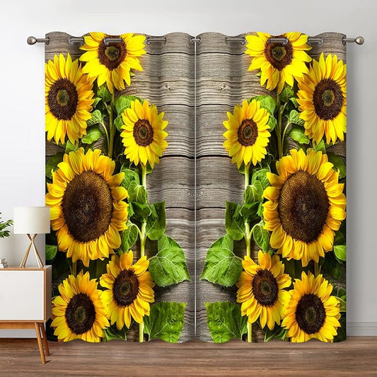 Jekeno Sunflower Floral Blackout Curtains Spring Flower on Rustic Wood Country Wooden Decor for Home Bedroom Living Room Darkening Grommet Window Drapes 2 Panel Set, 52"x63"
