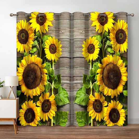 Jekeno Sunflower Floral Blackout Curtains Spring Flower on Rustic Wood Country Wooden Decor for Home Bedroom Living Room Darkening Grommet Window Drapes 2 Panel Set, 42"x54"