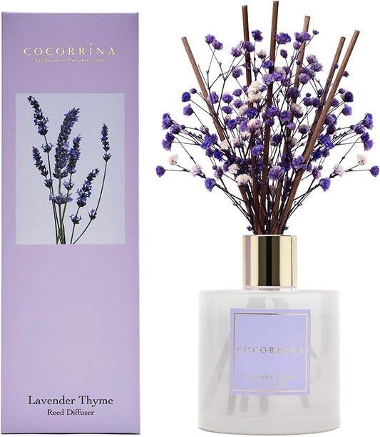 Cocorrína Premium Reed Diffuser Set with Preserved Baby's Breath & Cotton Stick Lavender Thyme | 6.7oz Scent Fragrance Lavender Oil Diffuser for Bedroom Bathroom Home Décor
