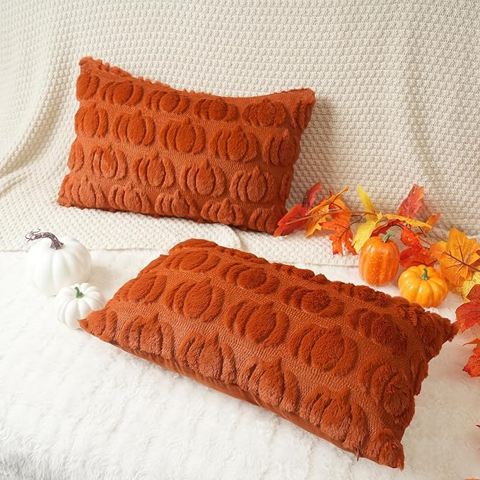 GEEORY Fall Pumpkin Throw Pillow Covers 12 x 20 Inch Set of 2, Autumn Soft Plush Faux Fur Wool Decorative Farmhouse Holiday Cushion Case for Home Decoration (Rust) GC001-12
