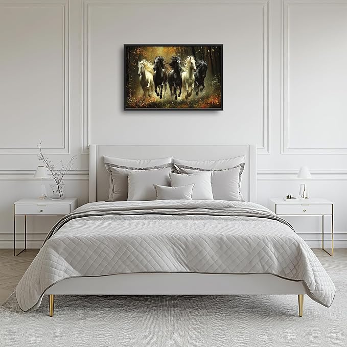 Olivine Horse Wall Art, Running Horses Pictures Wall Decor, Black And White Horse Paintings, Forest Landscape Canvas Prints, Framed Artwork for Bathroom Bedroom Living Room Office Home 36"x24"