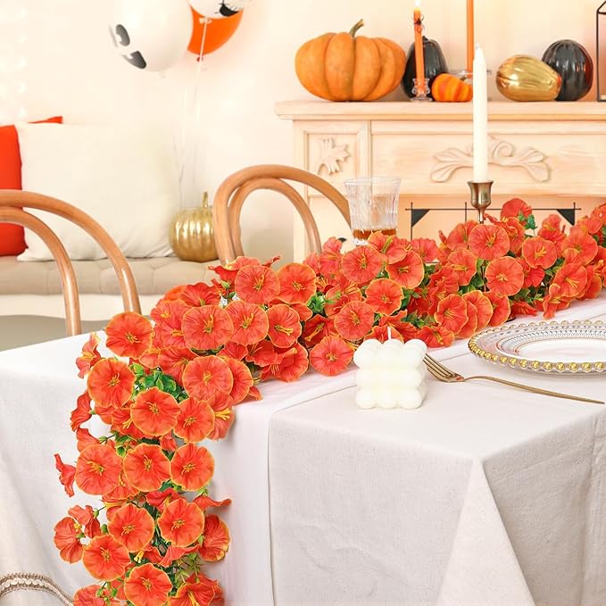 Dremisland Fall Artificial Flowers Garland 2Pcs 5.9Ft Artificial Fall Morning Glory Flower Vines UV Resistant Orange Yellow Hanging Autumn Floral Vines for Home Garden Wedding Party Thanksgiving Decor