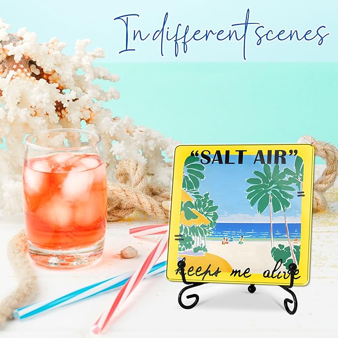 Salt Air Keeps Me Alive Acrylic Sign With A Metal Support -4x4" Seasonal Beach & Palm Tree Tabletop Acrylic Plaque - Home Desk Office Shelf Aesthetic Display Art Decoration & Favors For Women Men - A03