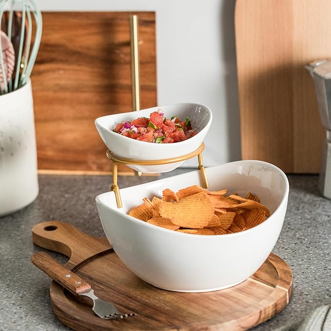 YHOSSEUN Chip and Dip Serving Set 2 Tiered Chip Dip Bowls with Metal Rack for Appetizer, Snacks - Large Chip Bowl 45 oz Small Dip Bowl 7 oz-Serving Bowls for Party, Food Dispaly - Gold Stand
