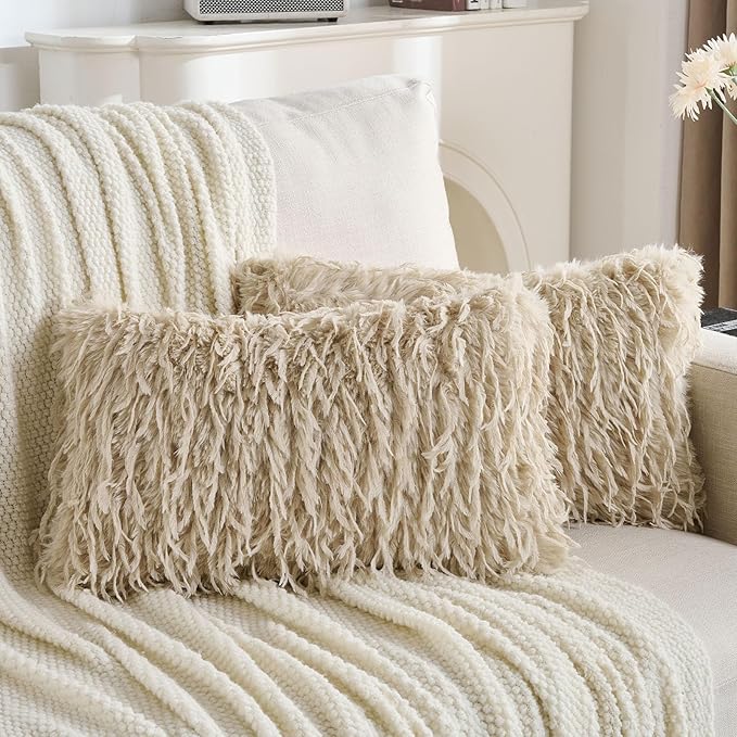 FUTEI Apricot Decorative Throw Pillow Covers 12x20 Inch Set of 2,Soft Fluffy Faux Feather Texture Lumbar Pillow Cases,Modern Home Luxury Decor for Couch Bed Living Room