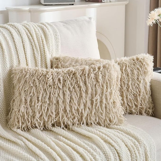 FUTEI Apricot Decorative Throw Pillow Covers 12x20 Inch Set of 2,Soft Fluffy Faux Feather Texture Lumbar Pillow Cases,Modern Home Luxury Decor for Couch Bed Living Room