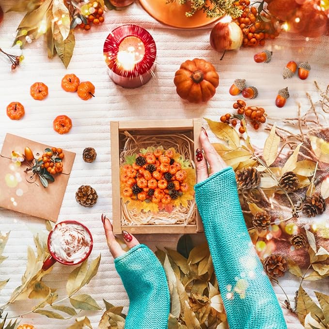 Yookeer 120pcs Mini Pumpkins Acorns Pine Cones Fall Decoration Thanksgiving Artificial Small Pumpkins Fake Props Bulk Rustic Vase Filler for Autumn Harvest DIY Craft Table Centerpiece (Classic Color)