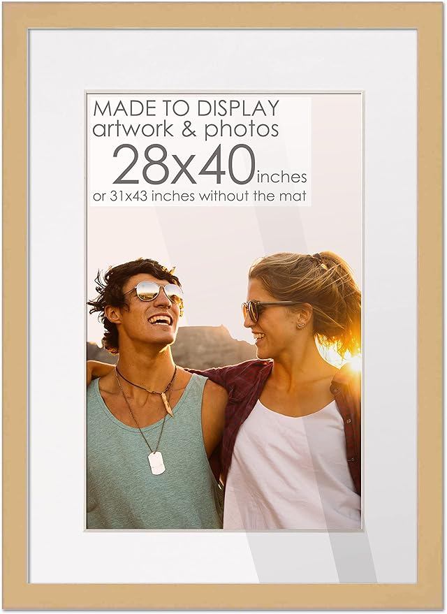 28x40 Frame Natural Wood with White Mat | 31x43 Frame Matted to 28x40 | Display Your Artwork Under UV Acrylic Shatter Guard Front, with Foam Board Backing and Wall Hanging Hardware - Solid Pine Frame
