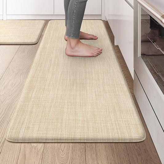 KIMODE Anti Fatigue Kitchen Mats 20"x47"+20"x32", Farmhouse Kitchen Rugs Sets of 2, Cushioned Non Skid Kitchen Mats for Floor, Comfort Kitchen Floor Mats for Sink Laundry Desk Beige