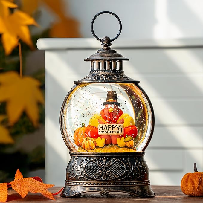 Fall Decor Turkeys Snow Globe Lantern, Thanksgiving Decoration Indoor Tabletop Centerpiece, Swirling Glitter Pumpkins Snow Globe with Turkey, Harvest Day Gifts, Home Fall Halloween Decor