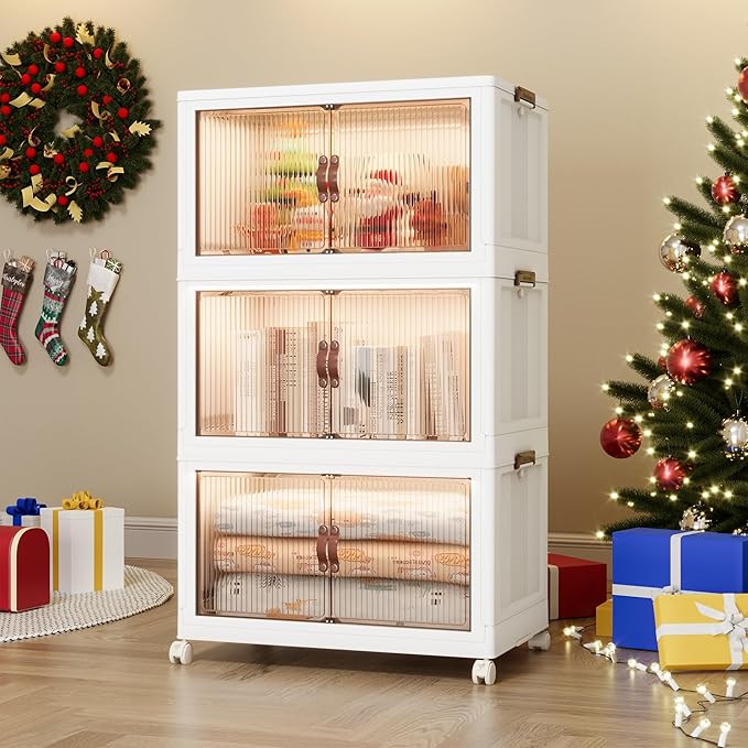 Jalove 88QT Plastic Storage Bins with lids, Stackable Collapsible Storage Containers with Wheels, Closet Organizer and Storage Drawers, Clothes Storage Cabinet for Home Office Garage, 3 Pack White