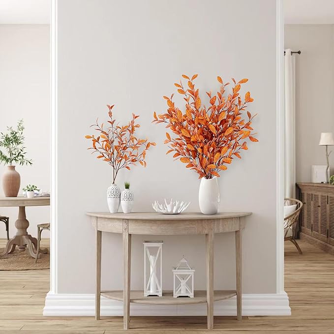 Sggvecsy 6 Pcs Artificial Fall Eucalyptus Stems Fall Eucalyptus Leaves Silk Autumn Leaf Branches Fall Decorations for Home Vase Thanksgiving Table Centerpieces Harvest Festival Decor (Orange)