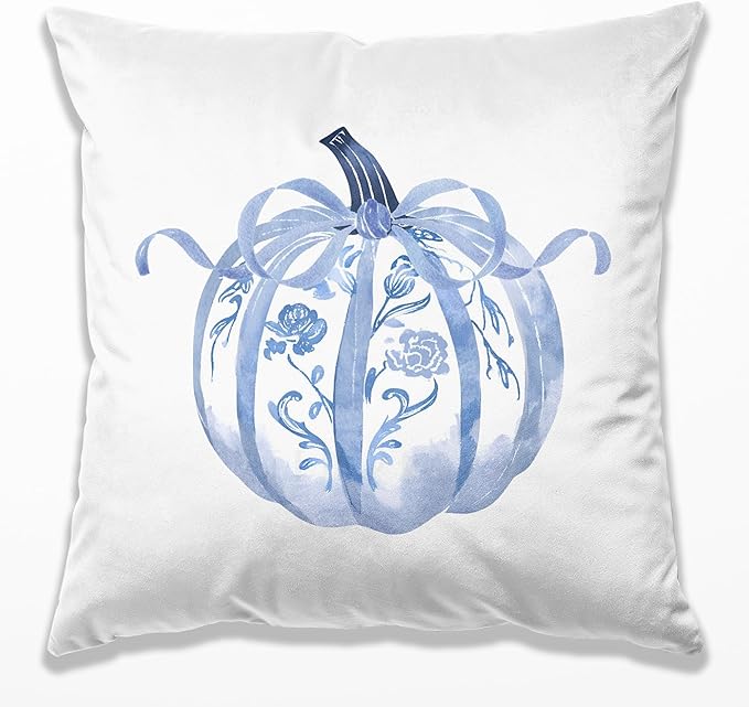 Blue Chinoiserie Pumpkin Fall Pillow Covers 18x18, Preppy Fall Decor, Grandmillennial Blue and White Floral Pumpkin Autumn Decorative Throw Pillow Covers for Girls Room Home Bedroom Living Room