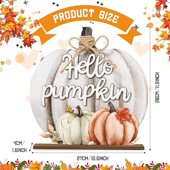 Soaoo Fall Decoration Wooden Fall Hello Pumpkin Sign Autumn Pumpkin Table Decor 11 Inch Wooden Autumn Desktop Ornament for Farmhouse Home Living Room Harvest Day Thanksgiving Decor(Grey,Cute)
