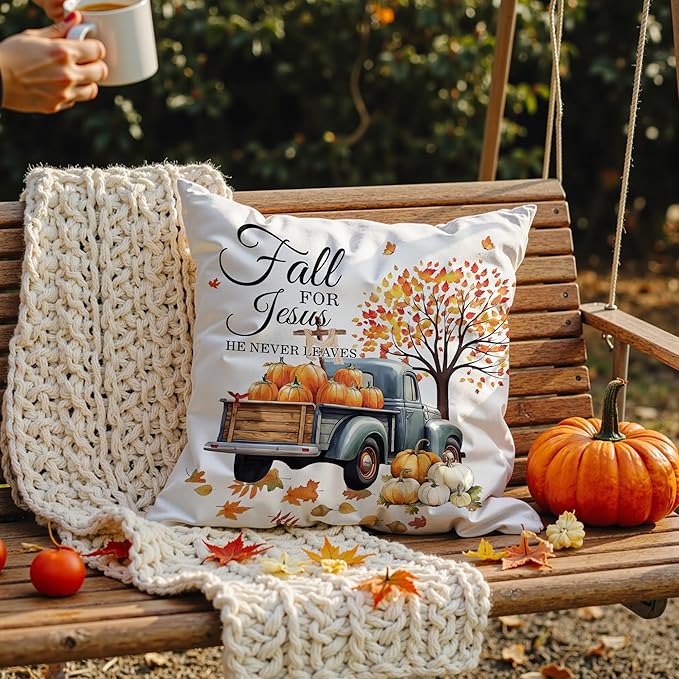 Christian Fall for Jesus He Never Leaves Pillow Covers 18x18, Farmhouse Autumn Decor, Fall Autumn Maple Leaf Pumpkin Pickup Truck Decorative Throw Pillow Covers for Home Bedroom Living Room