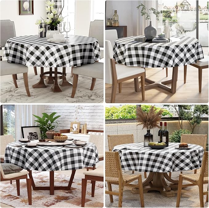 misaya Round Waterproof Vinyl Table Cloth, Buffalo Flannel Backed Tablecloth, Wipeable Plastic Table Cover for Dinner, Kitchen, Picnic (60", Black and White)