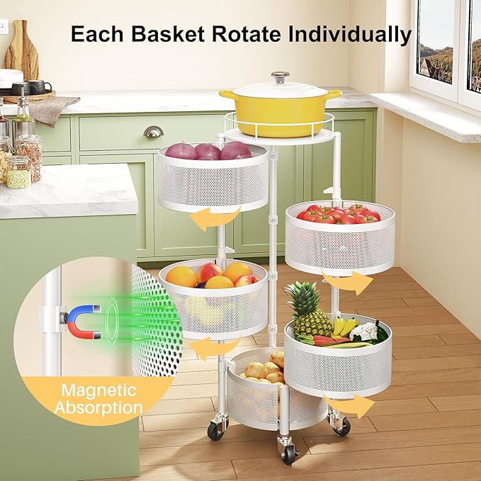 SNTD Fruit and Vegetable Basket Bowls for Kitchen with Metal Top Lid, 5 Tier Rotating Storage Rack Cart for Potato Onion Banana, Wire Basket Organizer on Wheels, Large (White)