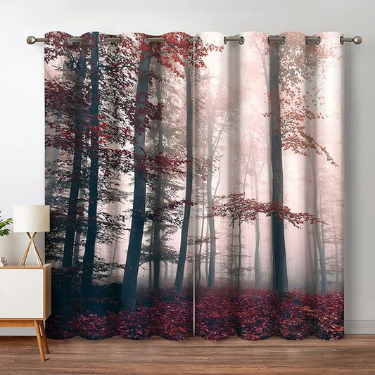 Jekeno Fall Tree Forest Blackout Curtains Autumn Orange Leaves Mystic Foggy Forest Fall Nature Scenery Wood Room Decor for Halloween Bedroom Living Room Grommet Window Drapes 2 Panel Set, 42"x54"