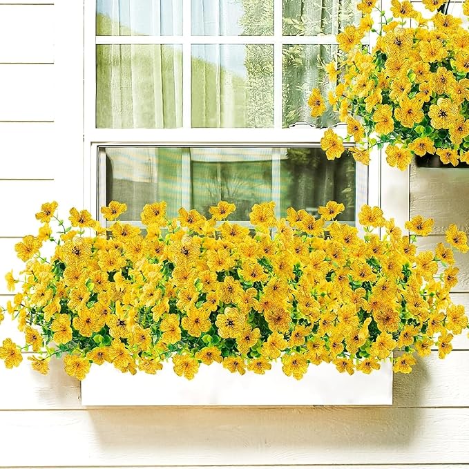 Agusbagli 24 Bundles Artificial Flowers Outdoor UV Resistant Fake Flowers No Fade Faux Plastic Greenery Shrub Plants for Wedding Home Garden Window Box Fireplace Thanksgiving Christmas Decor, Yellow