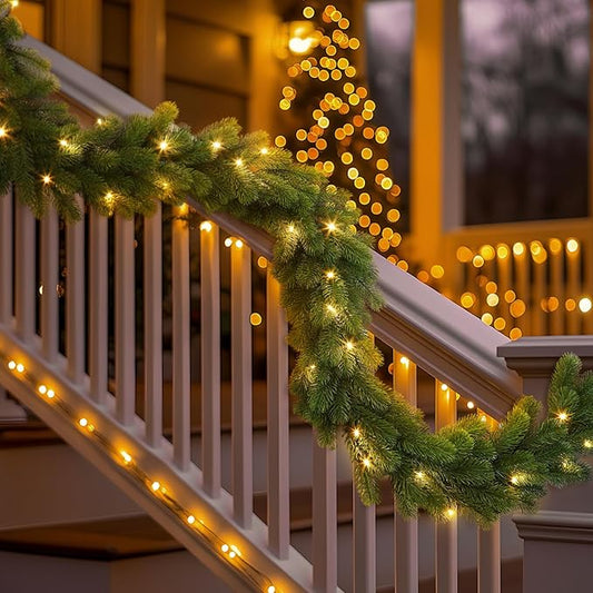 9ft Pre-Lit Christmas Garland, Artificial Lighted Norfolk Pine Garland with Multi-Color Lights, Battery Operated Garland for Mantle Stairs Table Fireplace Xmas Decorations