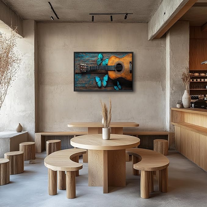 Olivine Music Wall Art, Guitar Pictures Wall Decor, Butterfly Painting, Vintage Musical Instruments Canvas Prints, Framed Artwork for Bathroom Bedroom Living Room Office Home Decoration 36"x24"