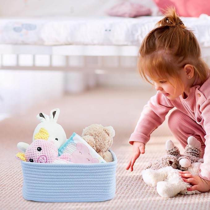 Small Woven Storage Baskets 13“X9”X5“ Decorative Rope Bins for Organizing Shelves, Closets, and Toys, Empty Gift Baskets, Cute Organizer Basket for Home and Office (blue, Large)