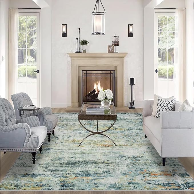 Area Rug Living Room Rugs: 6x9 Rug for Bedroom Machine Washable with Non Slip Backing Non Shedding Abstract Stain Resistant Large Carpet for Dining Room Nursery Home Office - Sage Green/Multi