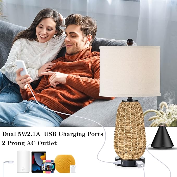 Touch Control Rattan Table Lamps, 3 Way Dimmable Bedside Lamps for Bedroom Set of 2 with 2 USB Ports and AC Outlet, Grass Rope Nightstand Lamps for Living Room Office (2 LED Bulbs Included)