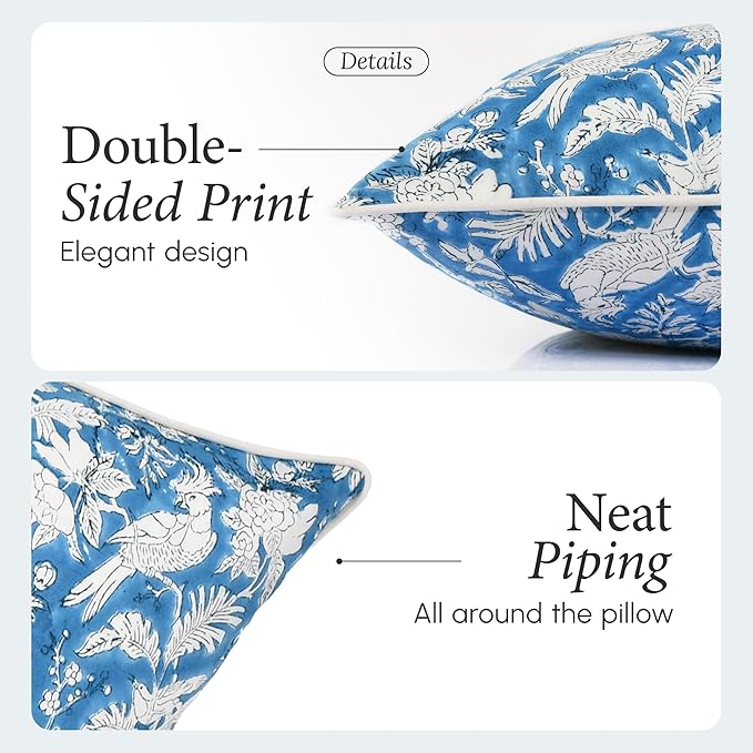 CPC 100% Cotton Throw Pillow Covers 18x18 Inch, Set of 2 Blue Block Print Pattern Couch Pillow, Cute Boho Decorative Pillows for Living Room, Bedroom with Hidden Zipper- Blue Sapphire