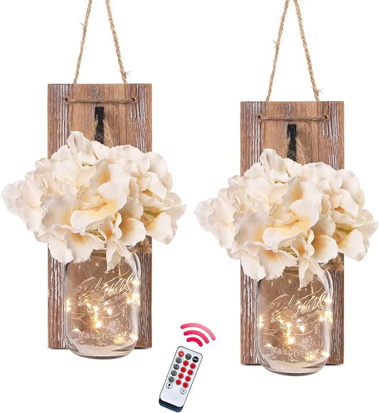 Besuerte Mason Jar Wall Sconces Set of Two, Wall Deco Cute Wall Decor with LED Fairy Lights, Art for Living Room Modern Decorations, House Decor, Rustic Brown