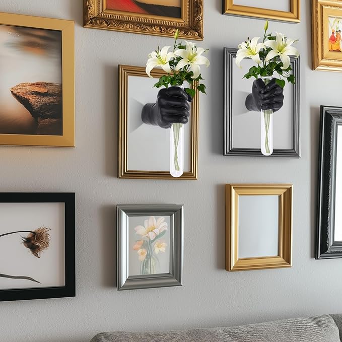 2 Pieces Wall Sculptures, Hands Vase Home Decor, Wall Mount Art Sculpture, Unique Wall Art Statue, Funky Flower Vase Decorations, Modern Eclectic Hanging Decor,Hands Statue (Black)