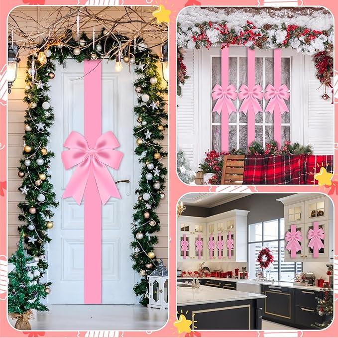WILLBOND 6 Pieces Pink Christmas Cabinet Ribbons Bows Large Pink Bow Christmas Door Kitchen Cabinet Ribbon Bows Locker for Xmas Holidays Party Decorations Supplies