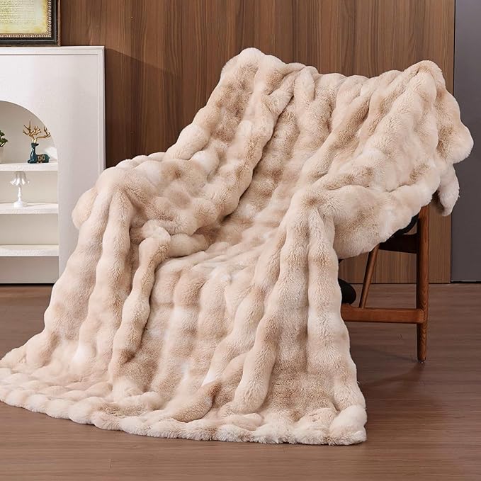 Faux Fur Throw Blanket Yellow Fluffy Bubble Furry Throw Blanket 50x60 for Sofa Couch Bedroom Fuzzy Soft Cozy Thick Khaki Tie-dye